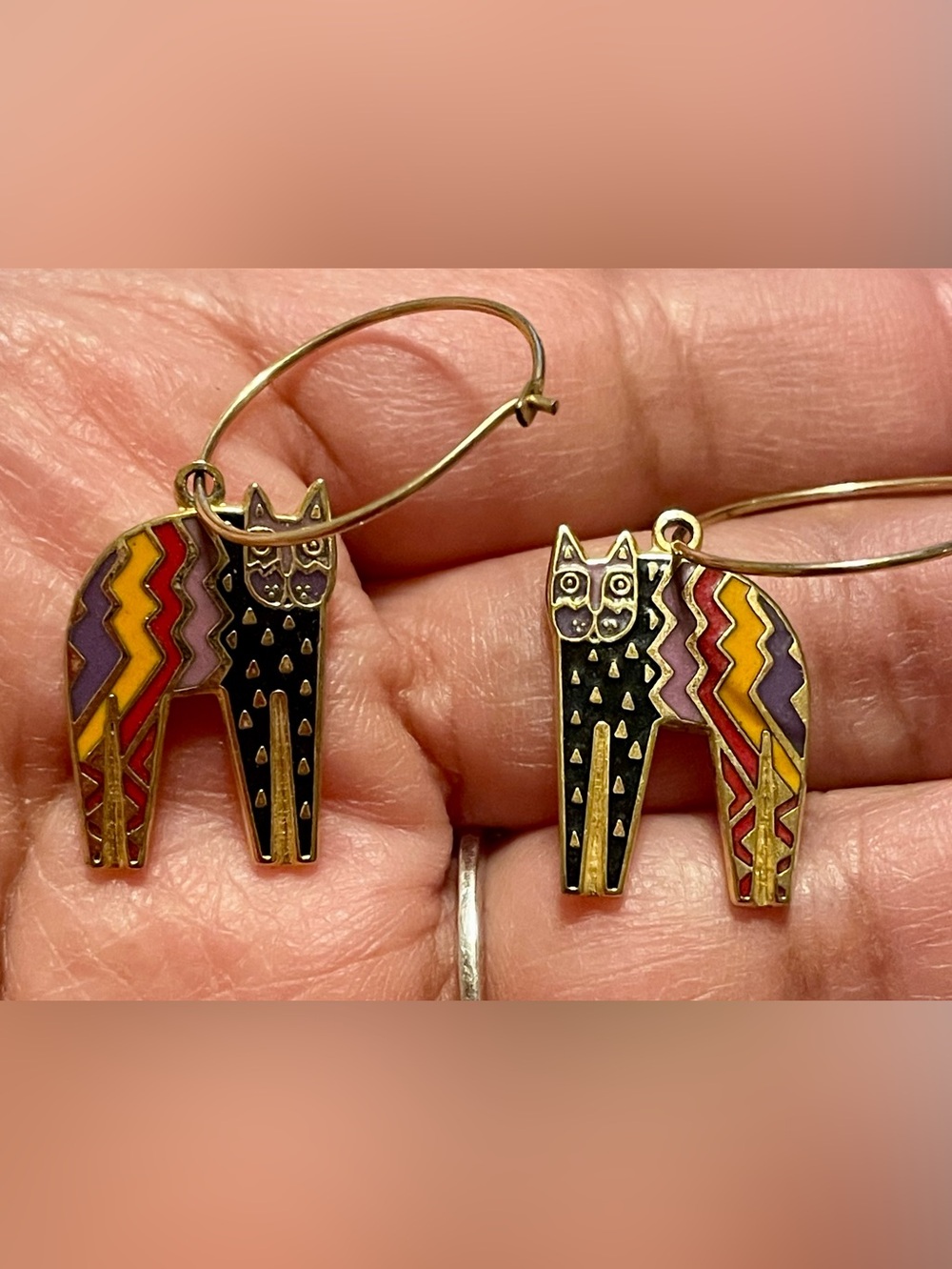 Laurel Burch Multicolor Cat Enamel Hoop Earrings - Black, Purple, Yellow, Red
